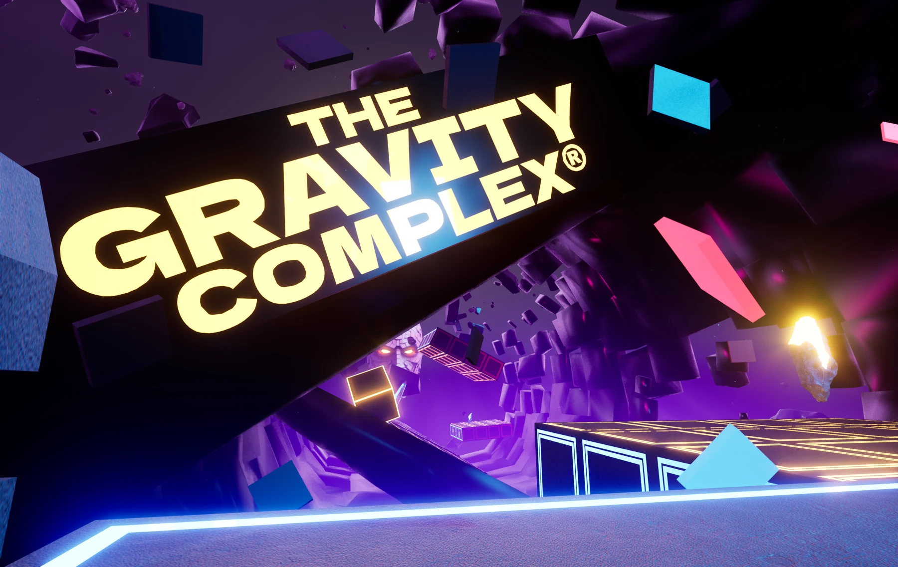 The Gravity Complex Schriftzug innerhalb einer violett beleuchteten Spielszene