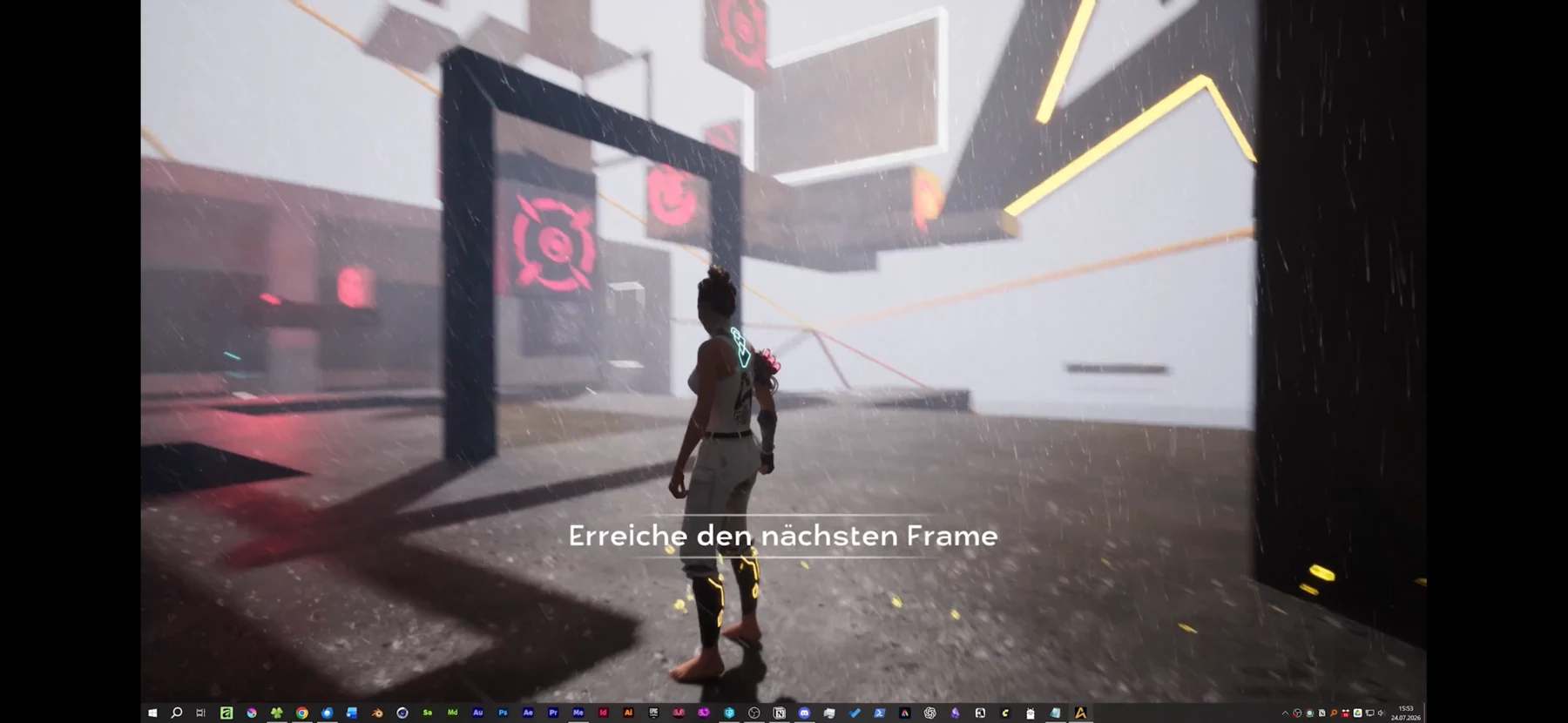 Fotografierter Spielbildschirm mit Spielfigur und der Aufforderung, den nächsten Frame zu erreichen